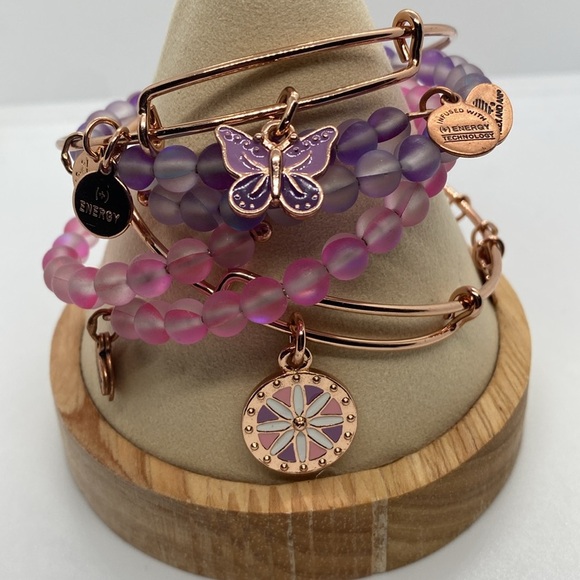 Alex and Ani Pink & Purple Bracelet Set of 4 in Shiny Rose Gold/Like New - Picture 5 of 9